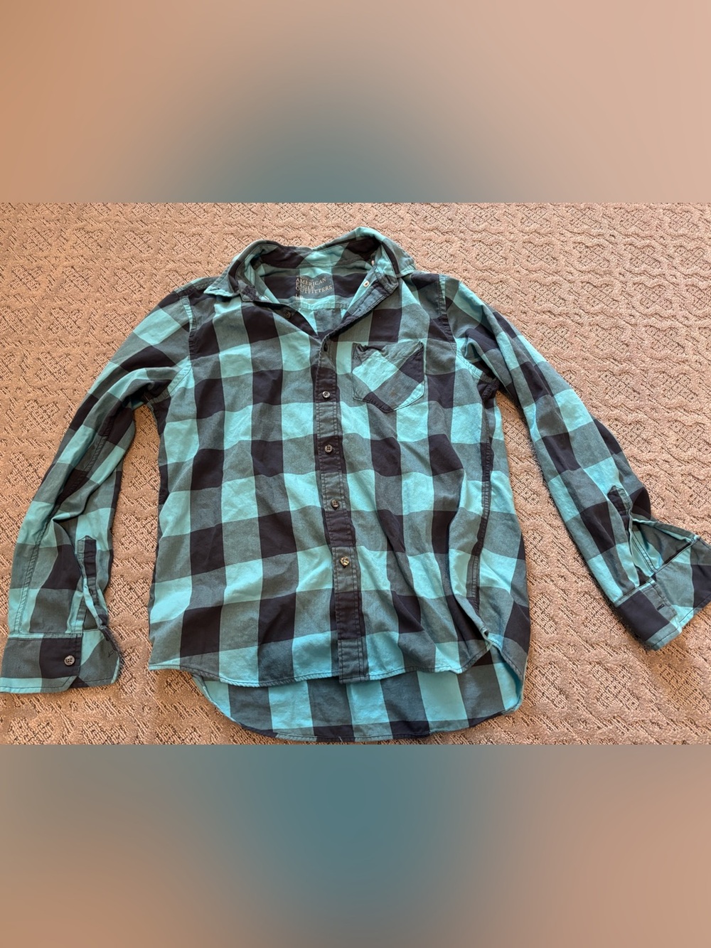 American Eagle Outfitters Teal and Black Plaid Button-Down Shirt